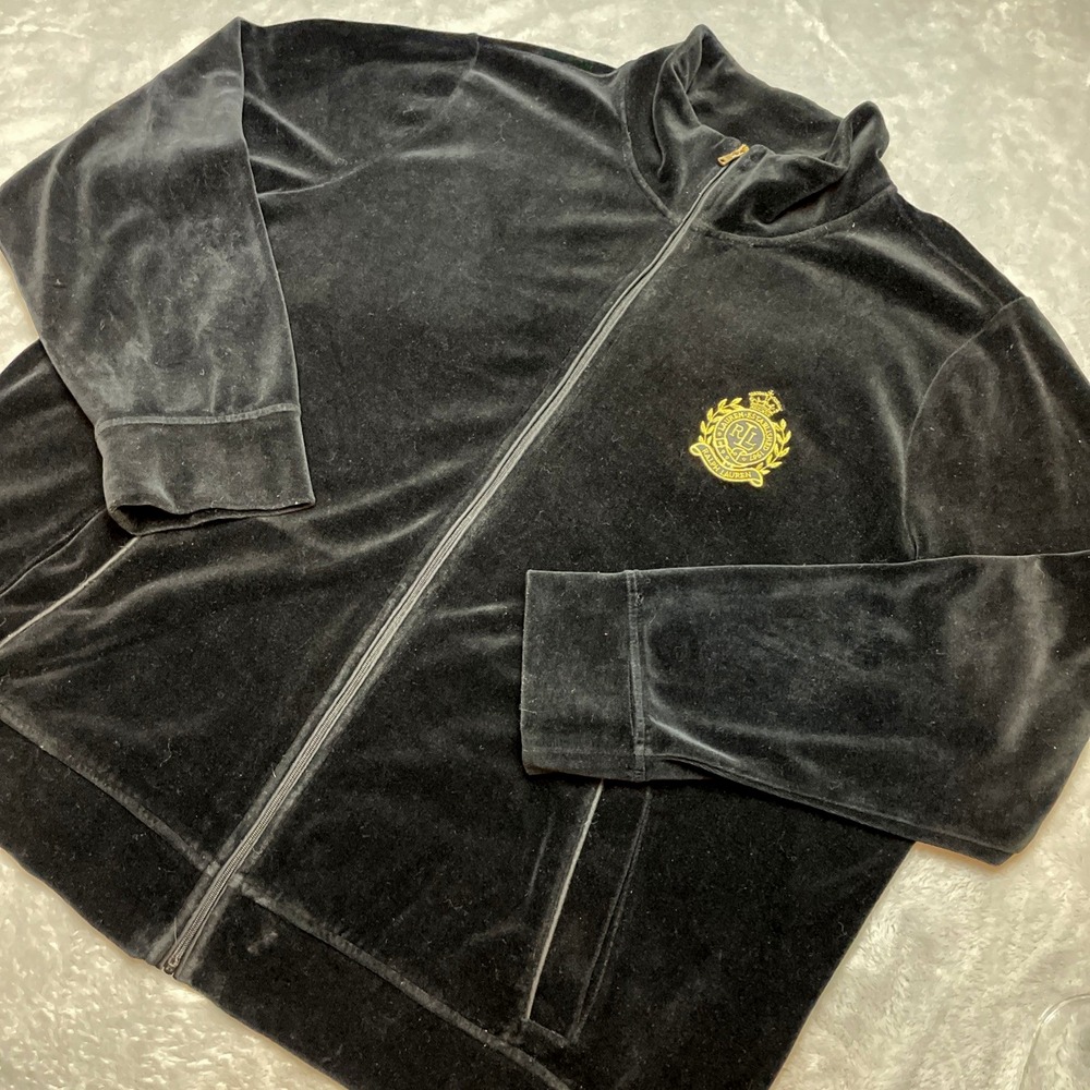 Lauren Ralph Lauren Womens Velour Track Jacket Sz 3X Black‎ Crest Logo Old Money
